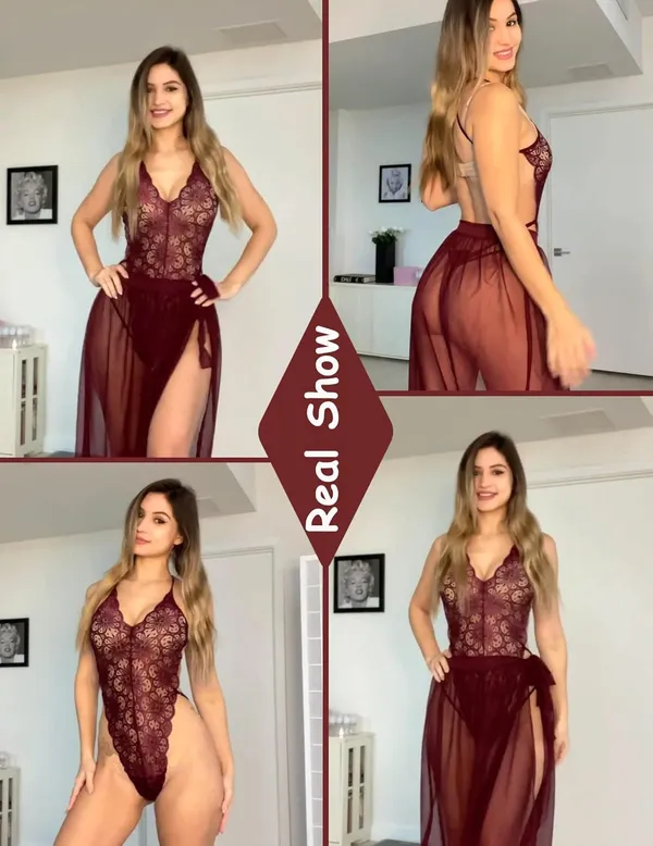 Brown_Deep_V_Lace_Bodysuit_With_Mesh_Skirt_For_Women