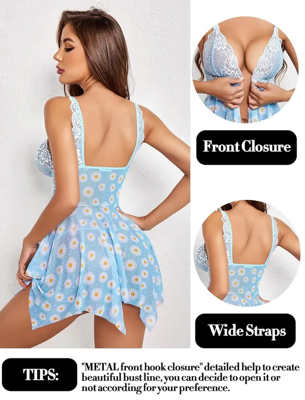 Daisy_Print_Lace_Lingerie_Front_Closure_Babydoll_V_Neck_Nightwea_For_Women