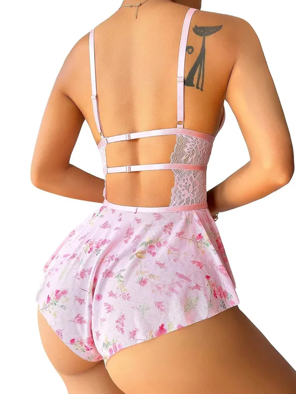 Pink_Floral_Lace_Mesh_Babydoll_Lingerie_Sleepwear_For_Women