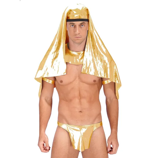 Gold_Greece_Style_Faux_Leather_Babydoll_Bikini_Lingerie_Set_With_Hat_And_Thong_For_Men