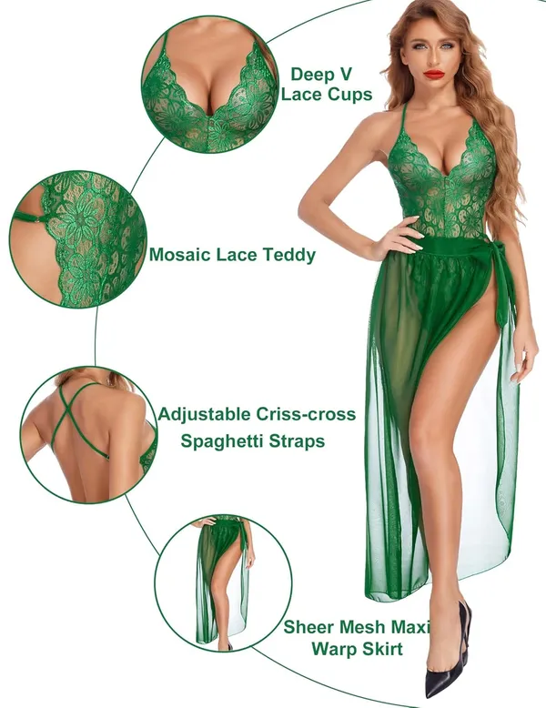 Green_Deep_V_Lace_Bodysuit_With_Mesh_Skirt_For_Women