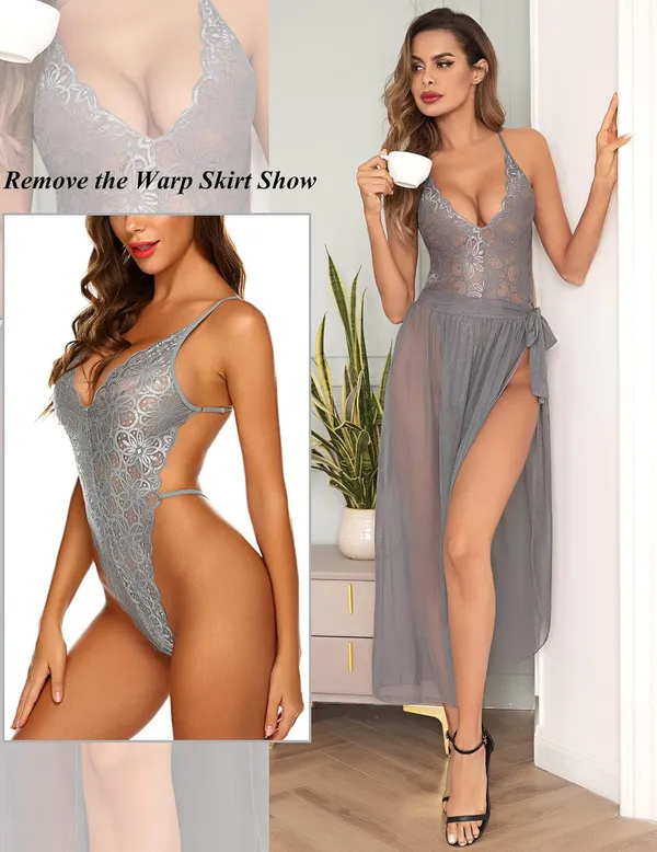 Grey_Deep_V_Lace_Bodysuit_With_Mesh_Skirt_For_Women