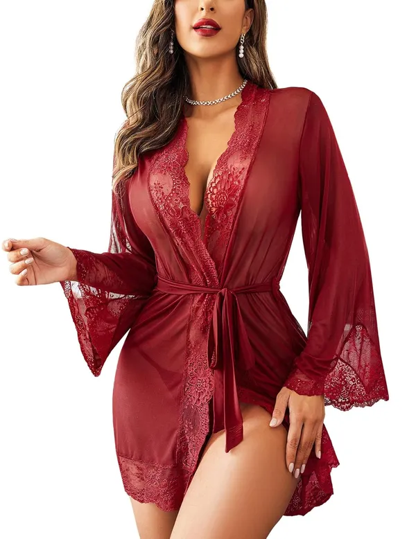 Maroon_Lace_Kimono_Robe_Babydoll_For_Women