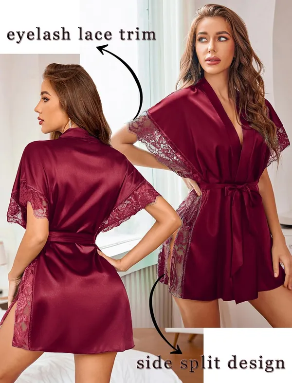 Maroon_Satin_Eyelash_Lace_Kimono_Side_Split_Sexy_Silk_Robes_For_Women