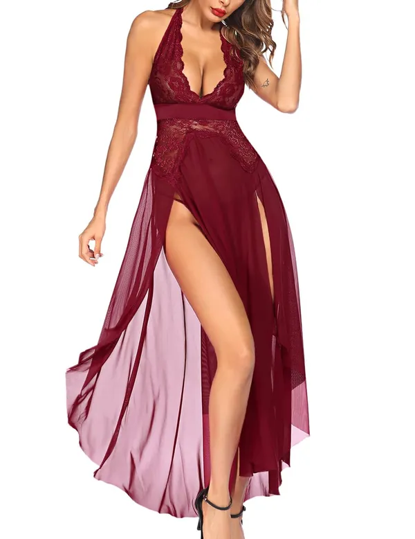 Maroon_Snap_Crotch_Lingerie_V_Neck_Lace_Maxi_For_Women
