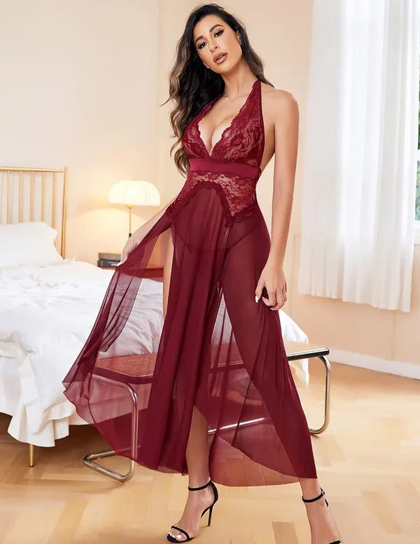 Maroon_Snap_Crotch_Lingerie_V_Neck_Lace_Maxi_For_Women