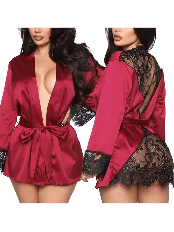 Maroon_Satin_Kimono_Robe_Set_For_Women(upto_34_Bust_Size)