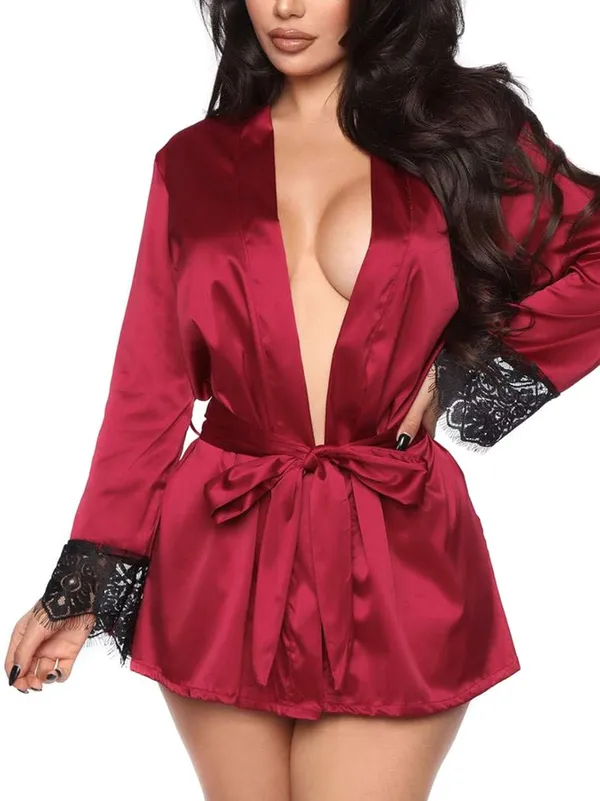 Maroon_Satin_Kimono_Robe_Set_For_Women(upto_34_Bust_Size)