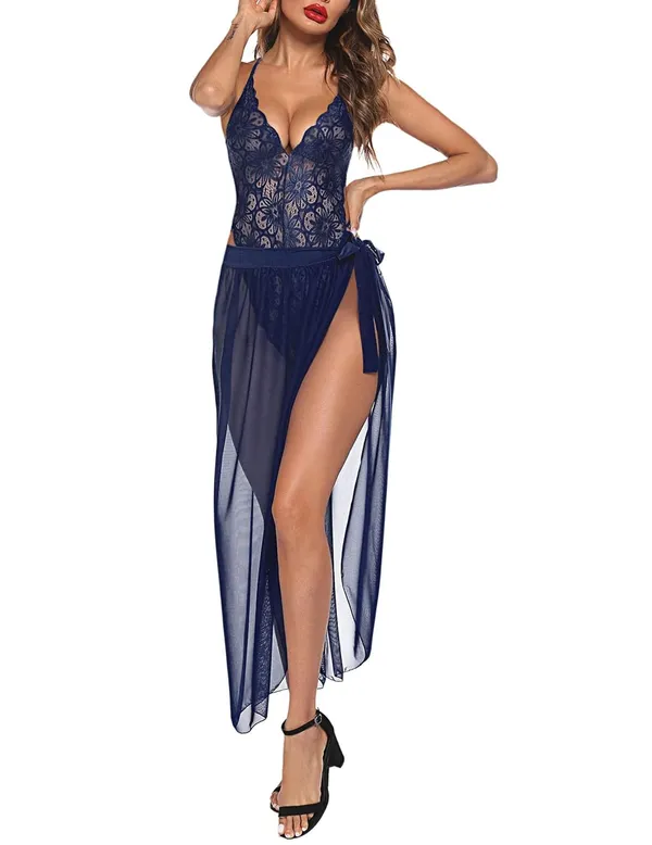 Navy_Deep_V_Lace_Bodysuit_With_Mesh_Skirt_For_Women