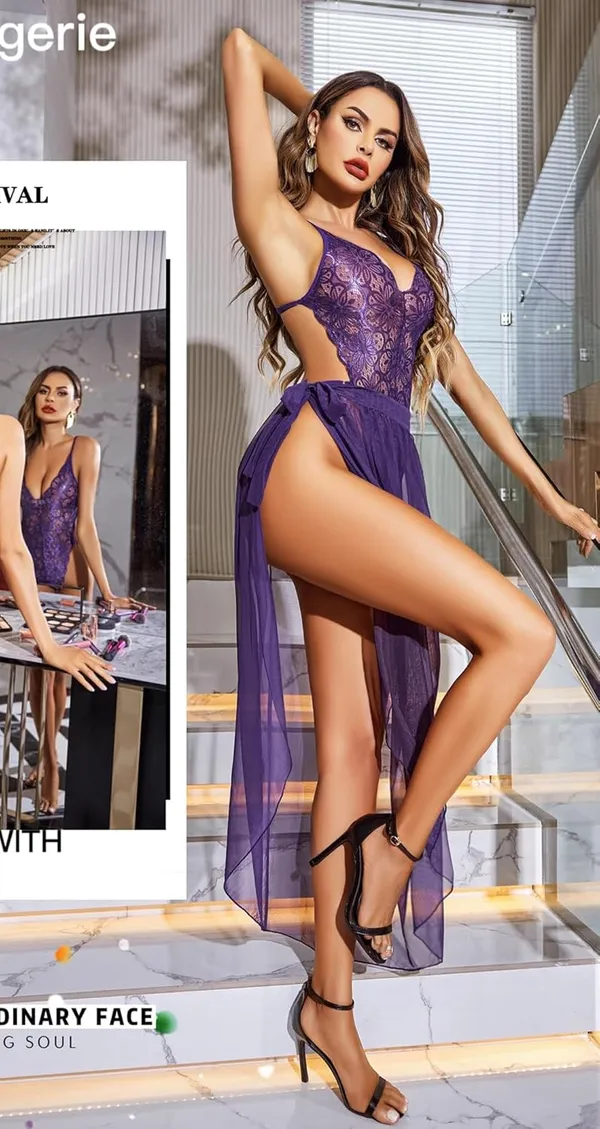 Purple_Deep_V_Lace_Bodysuit_With_Mesh_Skirt_For_Women