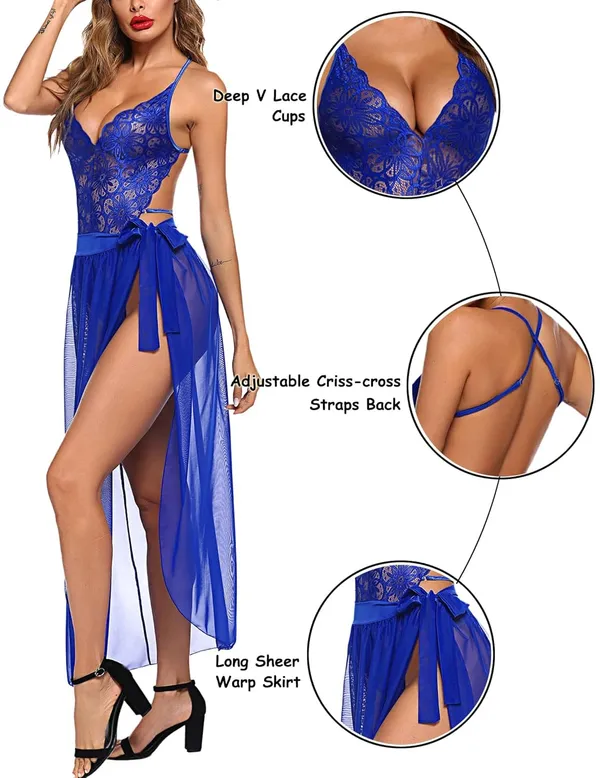 Royal_Blue_Deep_V_Lace_Bodysuit_With_Mesh_Skirt_For_Women
