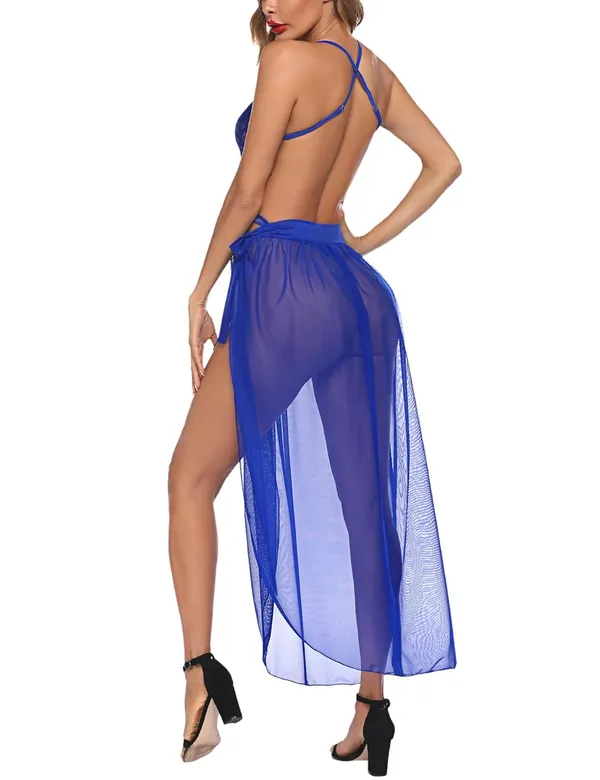 Royal_Blue_Deep_V_Lace_Bodysuit_With_Mesh_Skirt_For_Women