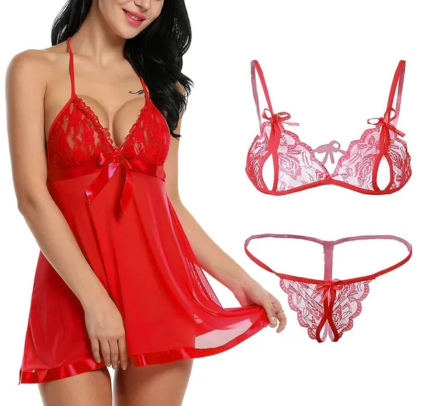 Red_V_Neck_Chemise_Nightwear_Babydoll_Lingerie_For_Honeymoon_For_Women_(Pack_Of_2_Pcs)