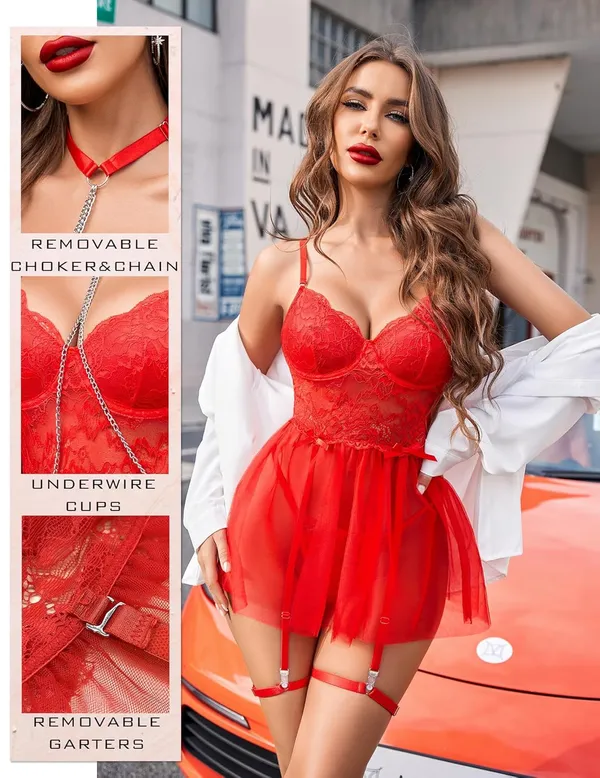 Red_Babydoll_Wirefree_Lingerie_Set_With_Garter_And_Chain_For_Women_(Pack_Of_2_Pcs)