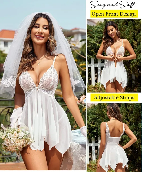 White_Front_Closure_Babydoll_V_Neck_Nightwear_For_Women