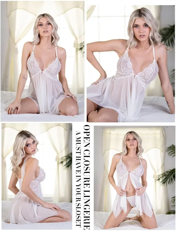 White_Front_Closure_Babydoll_V_Neck_Nightwear_For_Women