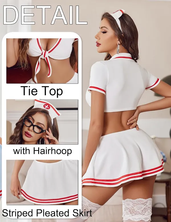 White_Nurse_Cosplay_Lingerie_Outfits_With_Tie_Top_And_Mini_Pleated_Skirt_For_Women