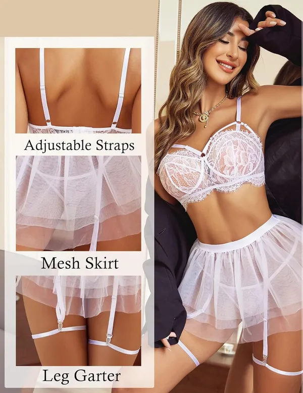 White_Premium_Babydoll_Bra_And_Skirt_Lingerie_Set_For_Women