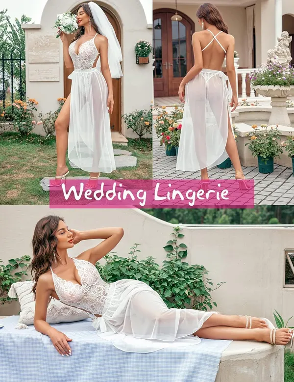 White_Deep_V_Lace_Bodysuit_With_Mesh_Skirt_For_Women
