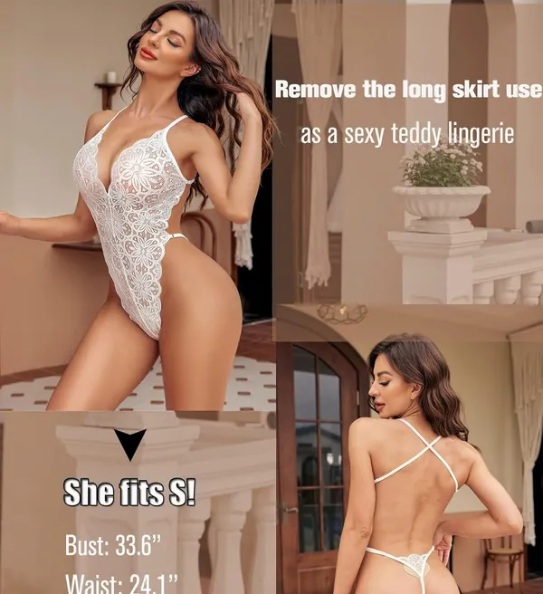 White_Deep_V_Lace_Bodysuit_With_Mesh_Skirt_For_Women