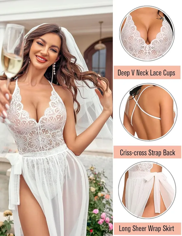 White_Deep_V_Lace_Bodysuit_With_Mesh_Skirt_For_Women