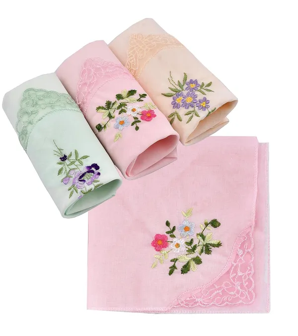 Yellow,_Grey_&_Pink_Embroidered_Cotton_Handkerchiefs_For_Women_(Set_Of_3)