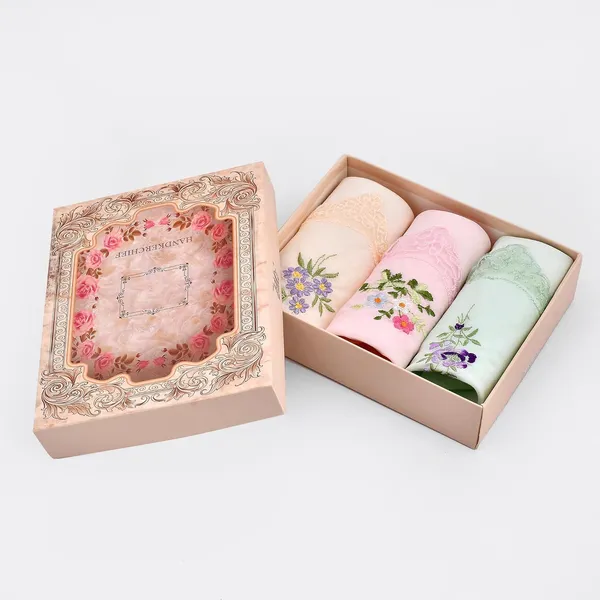 Yellow,_Grey_&_Pink_Embroidered_Cotton_Handkerchiefs_For_Women_(Set_Of_3)