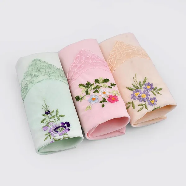 Yellow,_Grey_&_Pink_Embroidered_Cotton_Handkerchiefs_For_Women_(Set_Of_3)