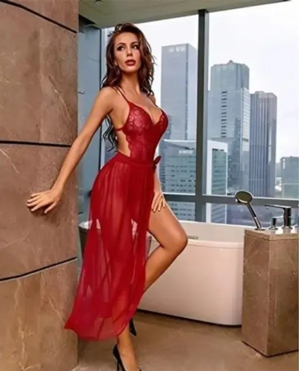 Maroon_Deep_V_Lace_Bodysuit_With_Mesh_Skirt_For_Women