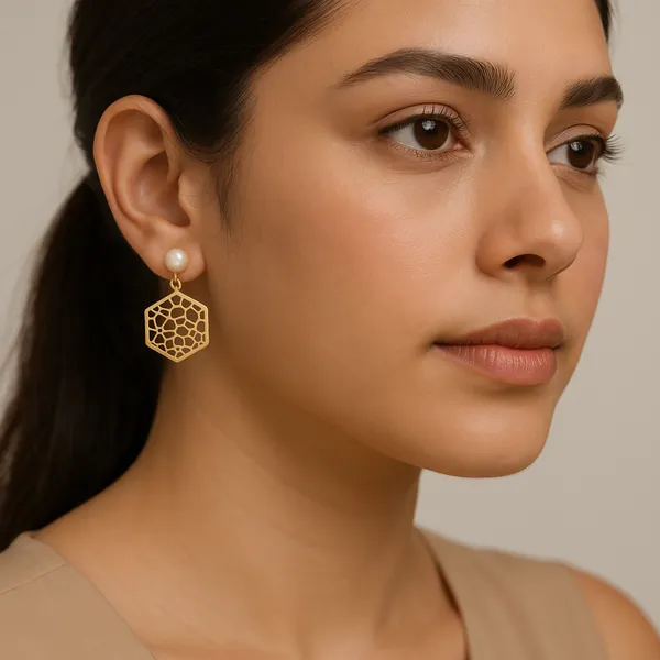 AURIM_BLAIR_EARRINGD_BRASS_GOLDEN_HONEYCOMB_FILGREE_WORK_WITH_REAL_PEARL