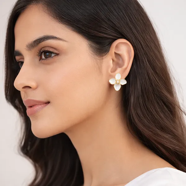 AURIM_BLAIR_STUD_EARRINGS_GERMAN_SILVER_FLOWER_WITH_ENAMEL_DRIP_WHITE