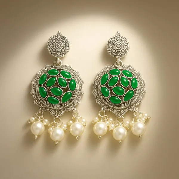 AURIM_BLAIR_STUD_EARRINGS_GERMAN_SILVER_CHAANDBALI_CRYSTAL_&_FRESHW_ATER_JUNKA_GREEN