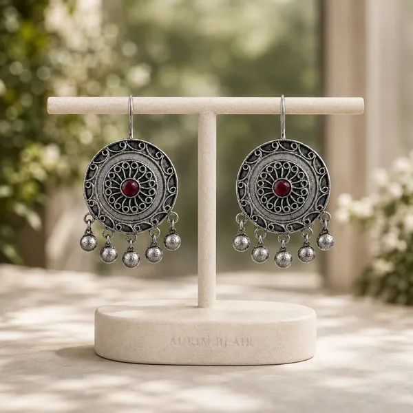 ANTIQUE_SILVER_RUBY_GHUNGROO_EARRINGS