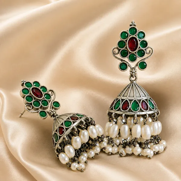 ANTIQUE_SILVER_RUBY_RED_&_EMERALD_GREEN_PEARL_JHUMKAS