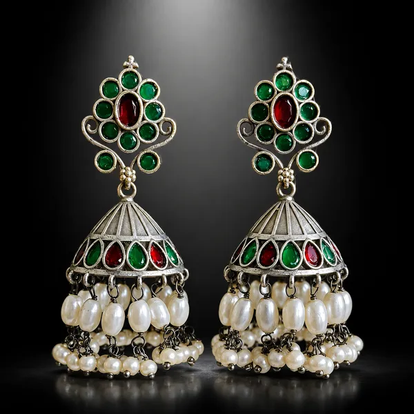 ANTIQUE_SILVER_RUBY_RED_&_EMERALD_GREEN_PEARL_JHUMKAS