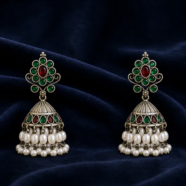 ANTIQUE_SILVER_RUBY_RED_&_EMERALD_GREEN_PEARL_JHUMKAS