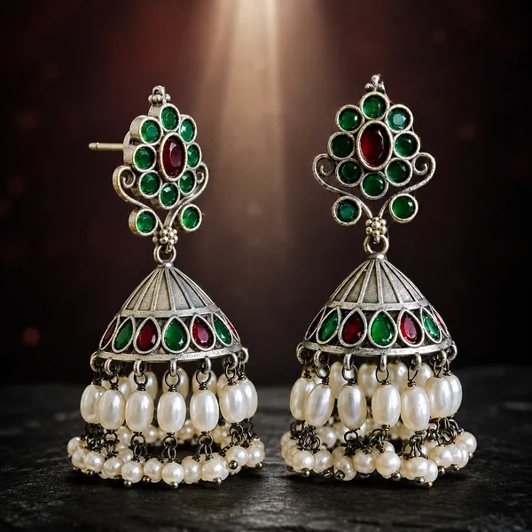 ANTIQUE_SILVER_RUBY_RED_&_EMERALD_GREEN_PEARL_JHUMKAS