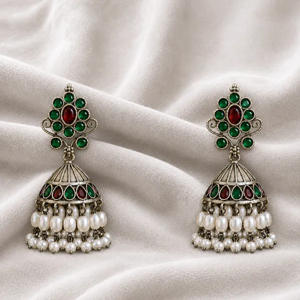 ANTIQUE_SILVER_RUBY_RED_&_EMERALD_GREEN_PEARL_JHUMKAS