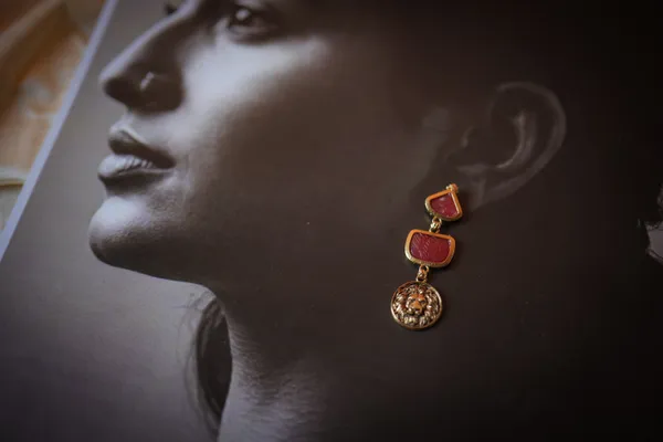 AURIM_BLAIR_EARRINGS_GERMAN_SILVER_CARVED_2_TIER_STONE_RED_TIGER_FACE