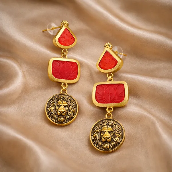 AURIM_BLAIR_EARRINGS_GERMAN_SILVER_CARVED_2_TIER_STONE_RED_TIGER_FACE