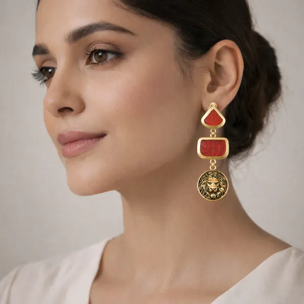 AURIM_BLAIR_EARRINGS_GERMAN_SILVER_CARVED_2_TIER_STONE_RED_TIGER_FACE