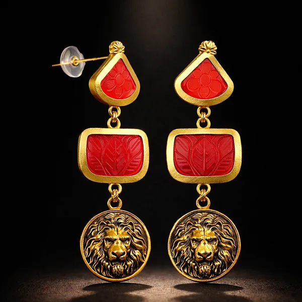 AURIM_BLAIR_EARRINGS_GERMAN_SILVER_CARVED_2_TIER_STONE_RED_TIGER_FACE