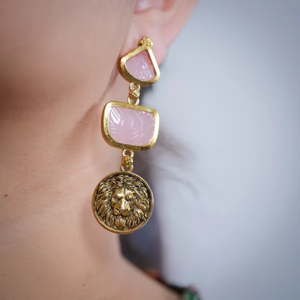 AURIM_BLAIR_EARRINGS_GERMAN_SILVER_CARVED_2_TIER_STONE_PINK_TIGER_FACE