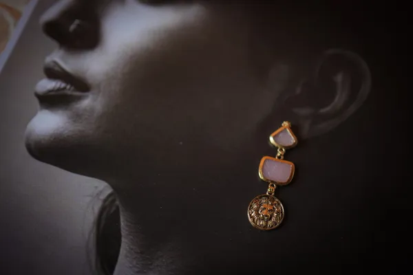 AURIM_BLAIR_EARRINGS_GERMAN_SILVER_CARVED_2_TIER_STONE_PINK_TIGER_FACE
