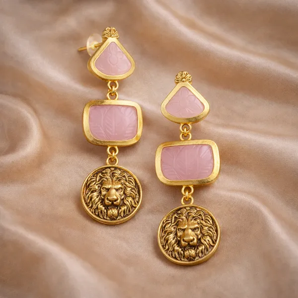 AURIM_BLAIR_EARRINGS_GERMAN_SILVER_CARVED_2_TIER_STONE_PINK_TIGER_FACE