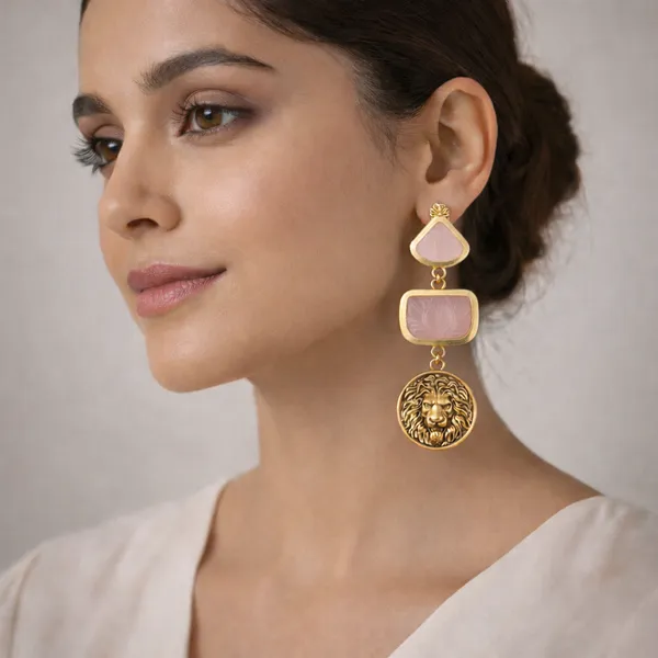 AURIM_BLAIR_EARRINGS_GERMAN_SILVER_CARVED_2_TIER_STONE_PINK_TIGER_FACE