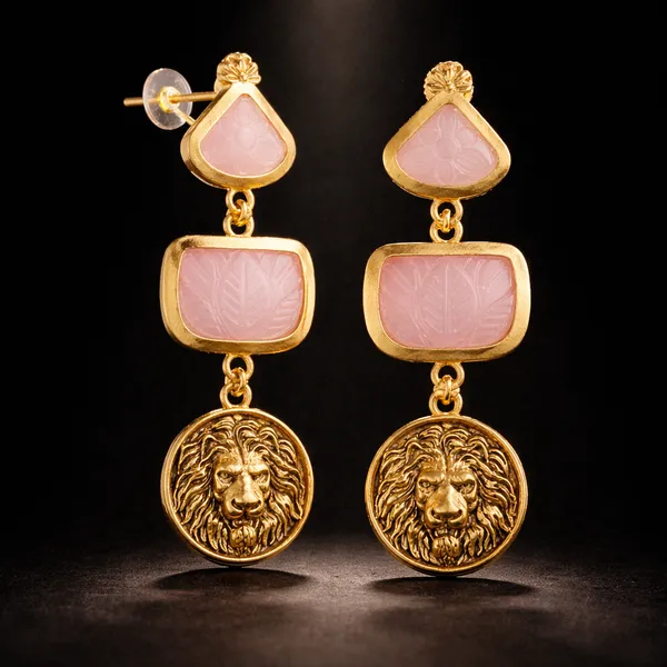 AURIM_BLAIR_EARRINGS_GERMAN_SILVER_CARVED_2_TIER_STONE_PINK_TIGER_FACE