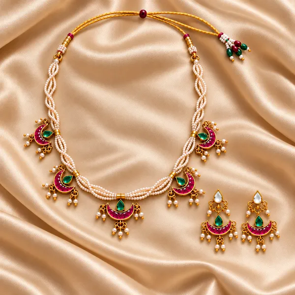 Chandrika_Pearl_Kundan_Crescent_Necklace_Green_and_Pink