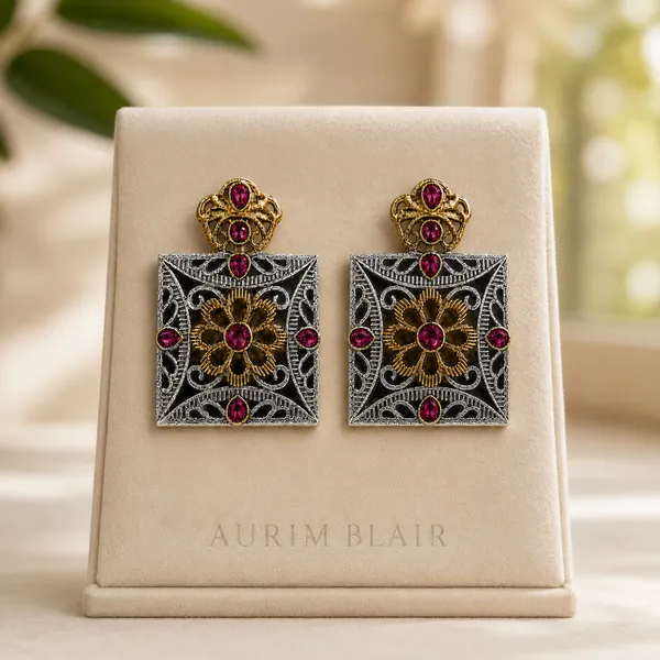 DUAL-TONE_RUBY_FLORAL_DROP_EARRINGS