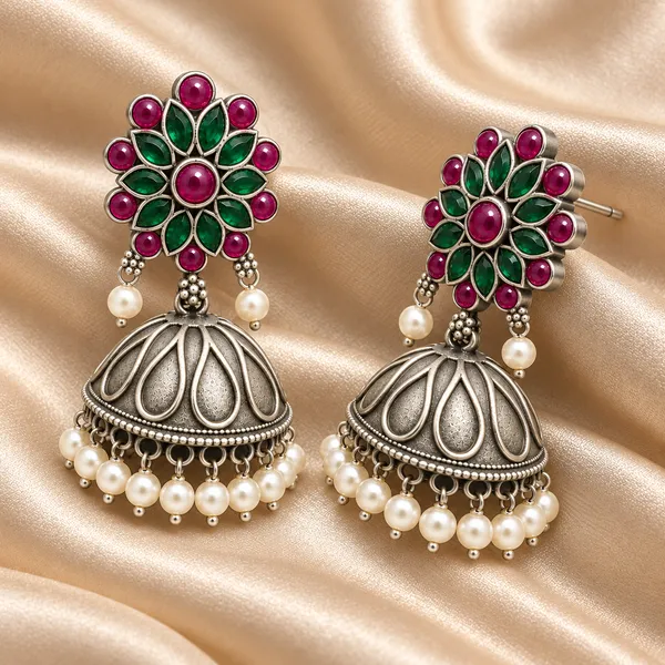 Gulnaar_Antique_Silver_Pearl_Brass_Jhumka_Earrings